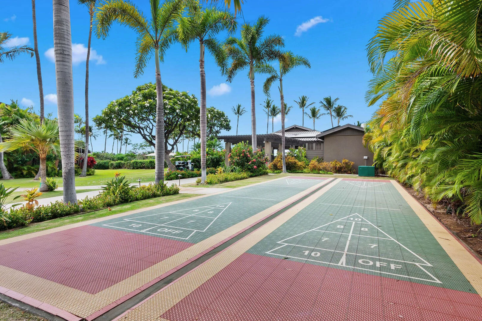 On-site shuffleboard courts surrounded by palm trees