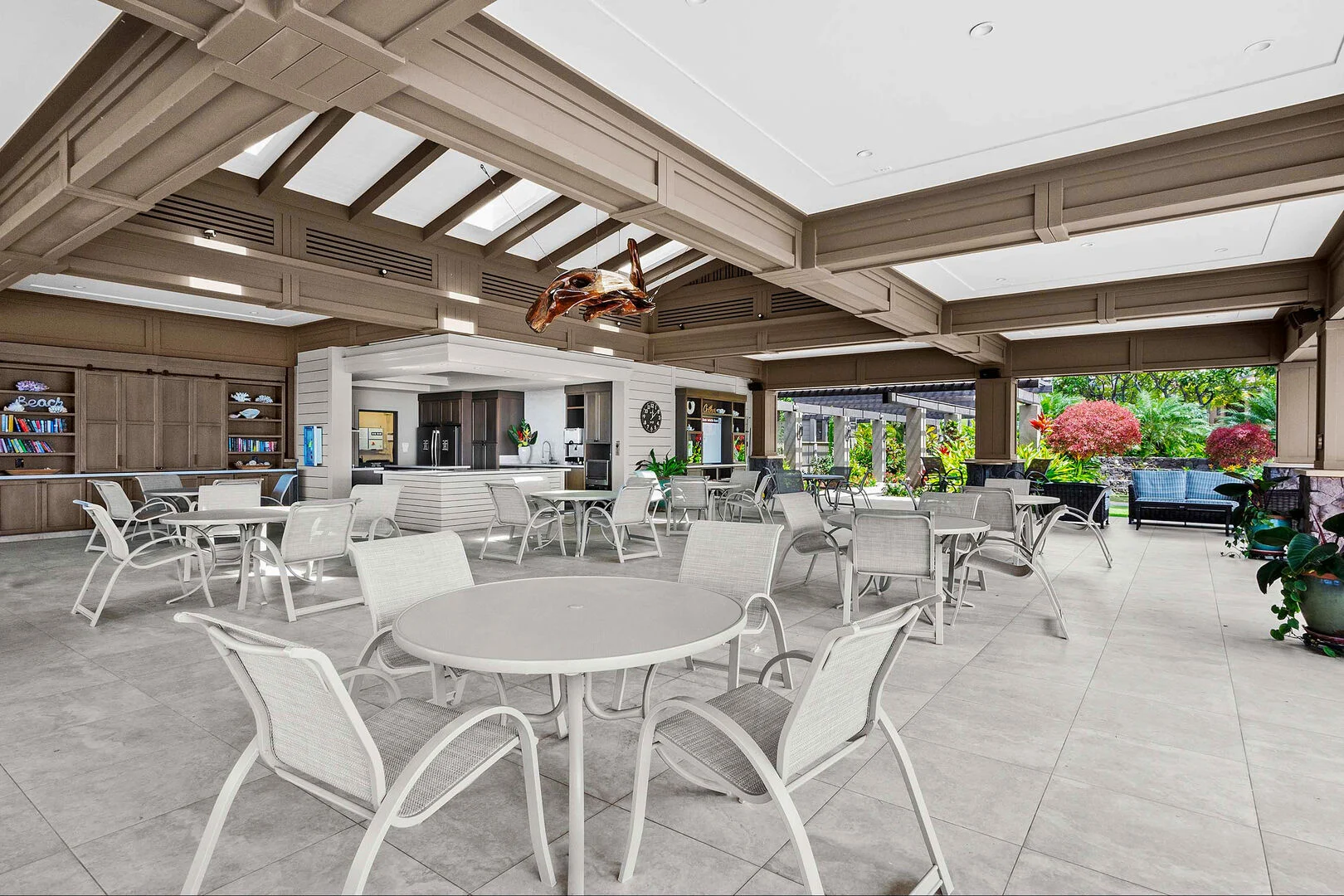Covered pavilion seating with ocean views