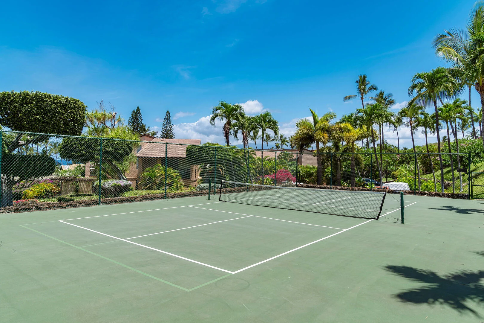 Tennis court with tropical landscaping at Wailea Ekahi
